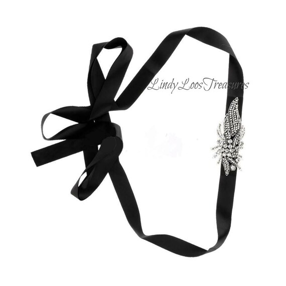 Crystal belt with black black ribbon tie Tie on - Black Bridal Belt, Black Bridal Sash, Wedding Sash  main image 4
