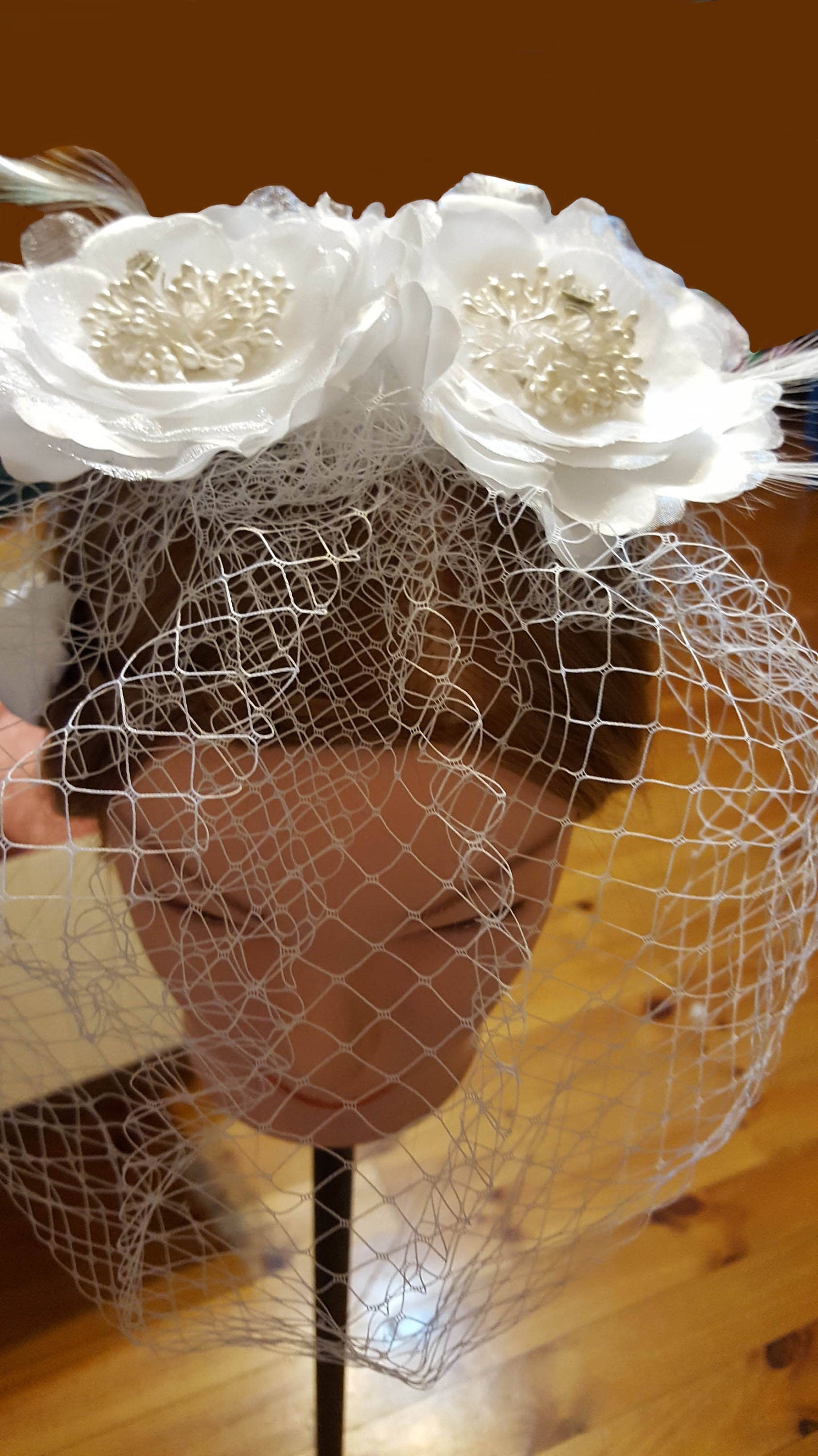 ?Fascinator Birdcage Feather Flower Mesh Wedding tea party Veil. White Pippa Facinator | Birdcage Veil – Grace Loves Lace US main image 2