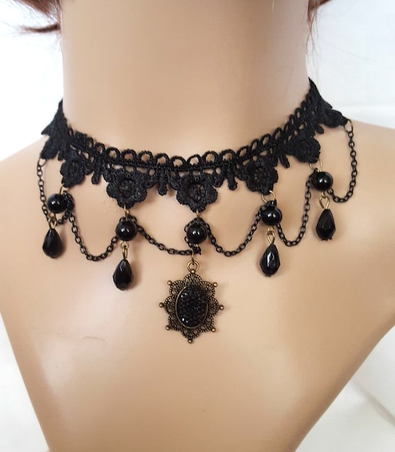 Gothic Victorian Black Choker Necklace, Victorian Black Lace