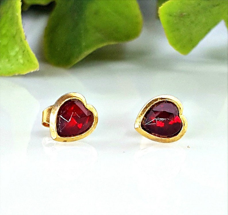 Delicate heart earrings Heart Shaped Push Backs Stud Earrings For Her July Birthstone Handmade Petite Gold Ruby Heart Stud Earrings
