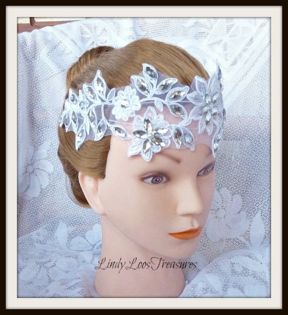 Rhinestone Beaded Crystal White Lace Bridal Headpiece  display picture 1