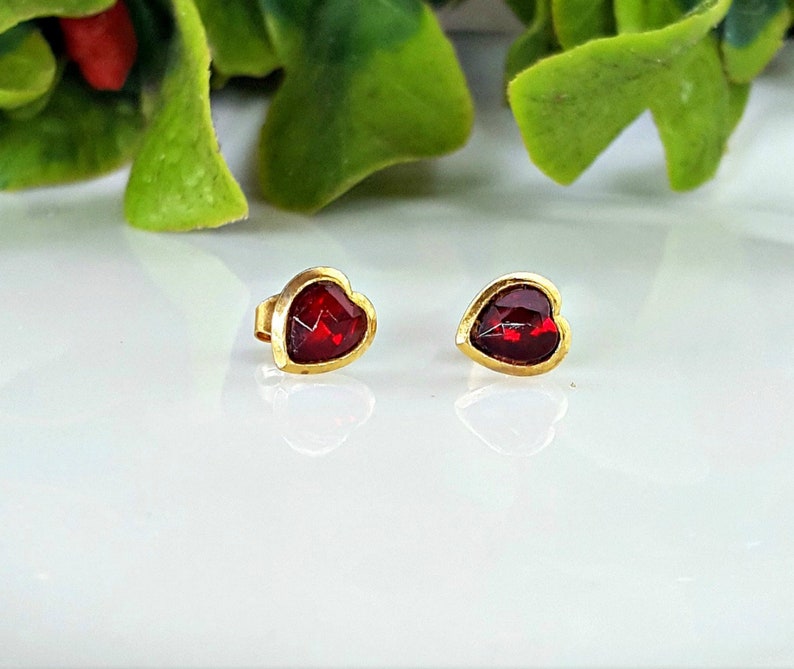 Delicate heart earrings Heart Shaped Push Backs Stud Earrings For Her July Birthstone Handmade Petite Gold Ruby Heart Stud Earrings