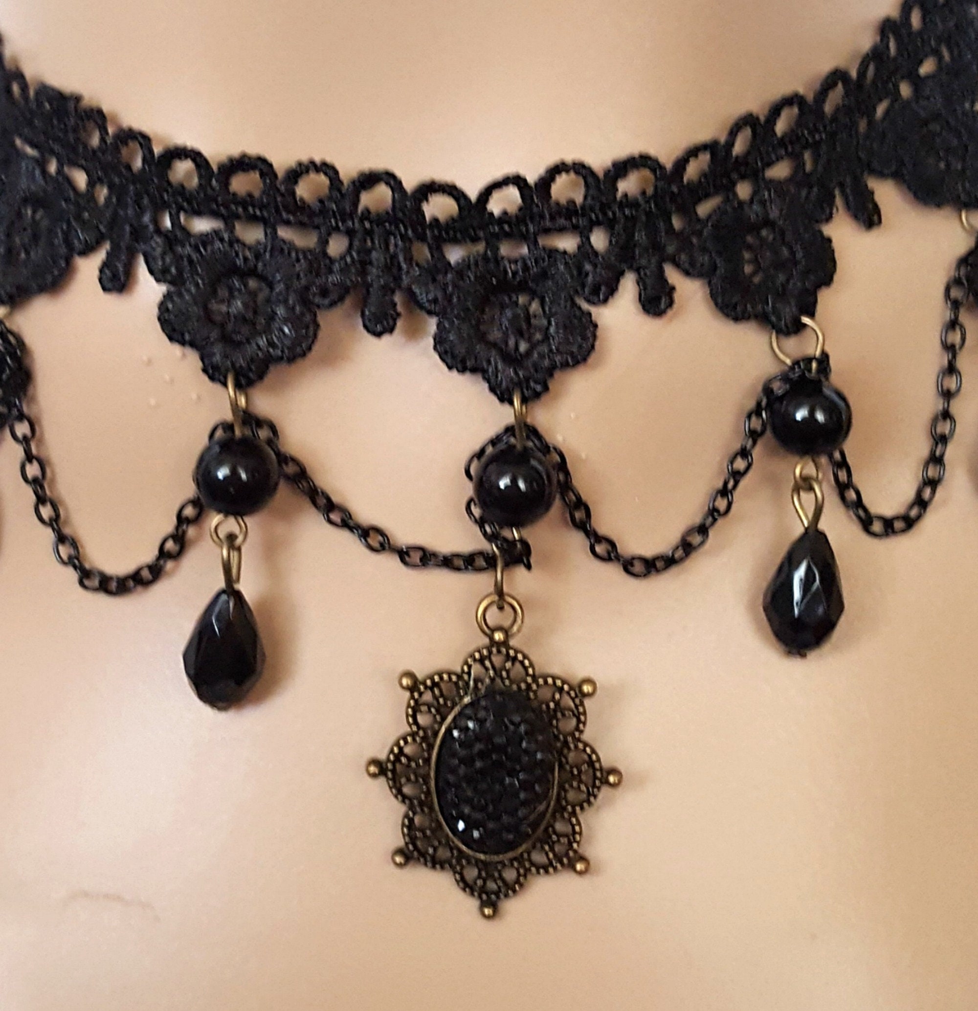 Gothic Victorian Black Choker Necklace, Victorian Black Lace Necklace ...