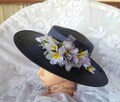 Navy Blue Straw Hat with Purple Flowers, OOAK, Races Hat, Derby Hat, Melbourne Cup, Derby Hat
