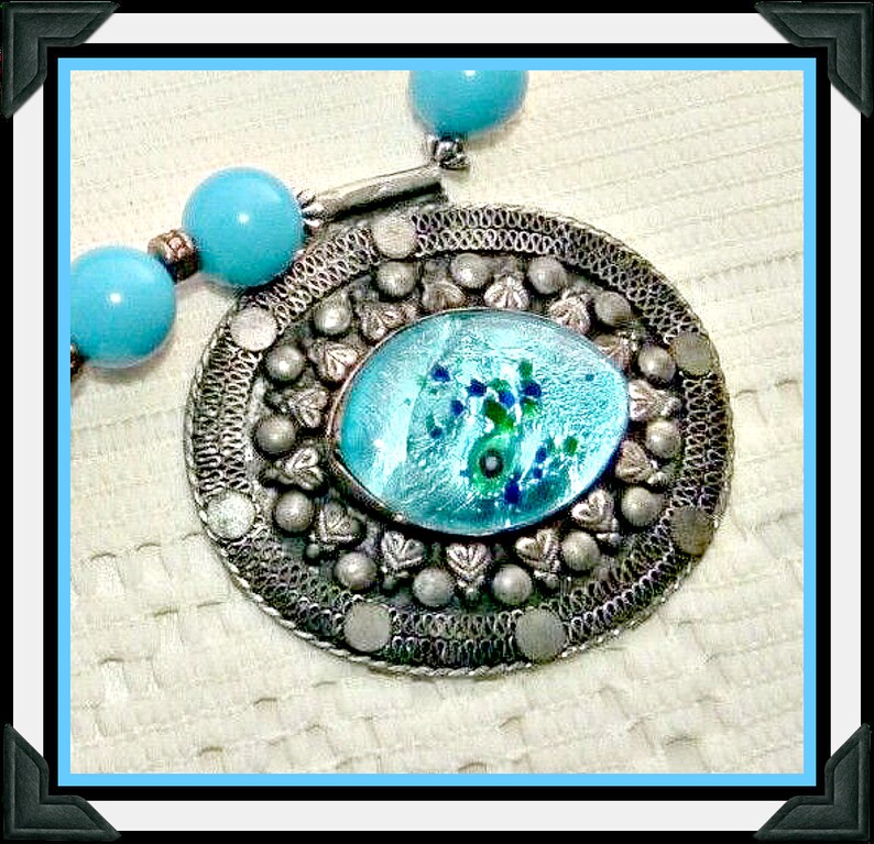 Pretty Glass Pendant Turquoise Ball Bead Necklace Gift for Her, Beaded Choker Blue Beaded Choker Pendant