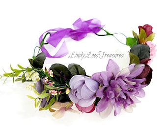 Purple Floral Flower Crown, Festival, Boho, Garland, Flower Garland Headband, Fairy Flower Crown,Flower Girl Crown Bohemian Crown Photo Prop