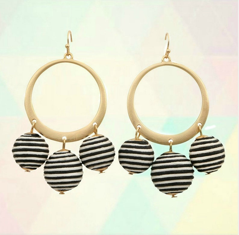 Gold Hoop Stripe Ball Drop Earrings Large Round Earrings, Gold Hoop Earrings with Balls Jewelry ...