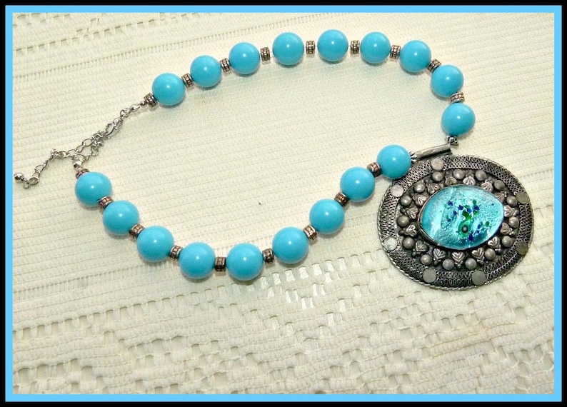 Pretty Glass Pendant Turquoise Ball Bead Necklace Gift for Her, Beaded Choker Blue Beaded Choker Pendant