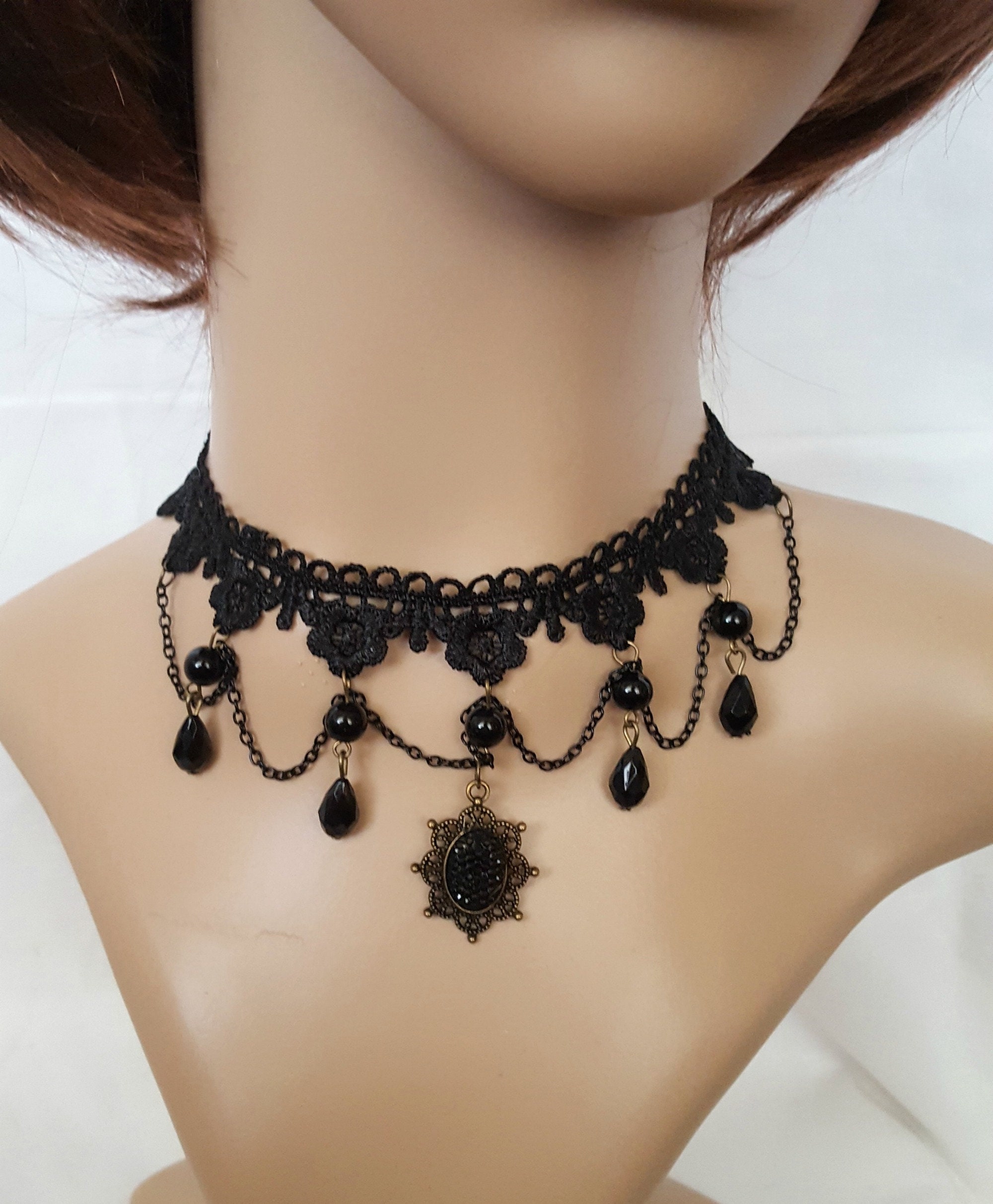 Gothic Victorian Black Choker Necklace, Victorian Black Lace Necklace ...