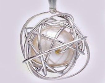Lange gekooide parelketting, witte parelketting, zilveren parel holle hanger, zwangerschapsketting, lange popcornketting, parelbolhanger