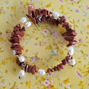 Sparkling Goldstone and Pearl Wrap Bracelet, Brown Goldstone Memory Wire Bracelet,  Goldstone Chip and Freshwater Pearl Bracelet