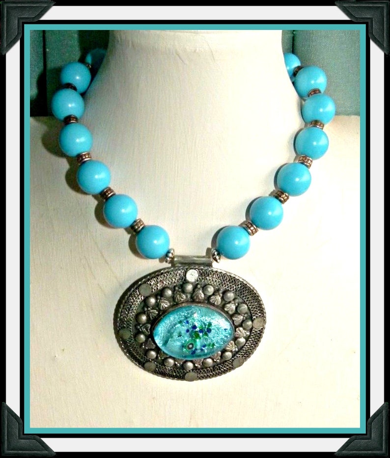 Pretty Glass Pendant Turquoise Ball Bead Necklace Gift for Her, Beaded Choker Blue Beaded Choker Pendant