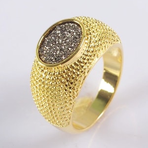 Size 7 Natural Agate Titanium Druzy Bezel Ring, Gold Plated, Genuine Druzy Ring, Statement Ring, Agate Druzy Ring, Unisex Ring, handmade