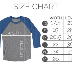 May include: Size chart for a baseball tee shirt with measurements in inches for width and length. Sizes include XS, S, M, L, XL, and 2XL.