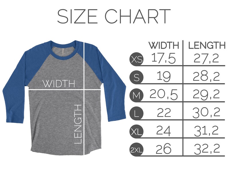 May include: Size chart for a baseball tee shirt with measurements in inches for width and length. Sizes include XS, S, M, L, XL, and 2XL.