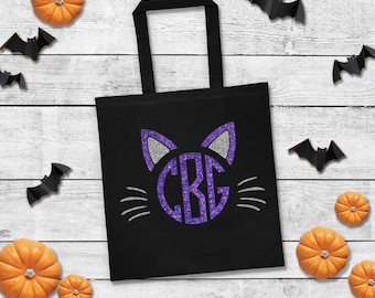 Bolso de Halloween personalizado / Custom Halloween Tote / Cat Halloween Tote / Glitter Halloween Bag / Kids Hallowen Tote / Trick or Treat Bag