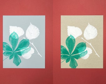 Silkscreened illustration tree leaves art print.