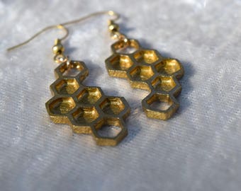 Honeycomb Earrings, Hexagon Earrings, Geometric Earrings, Bee Earrings, Bee Keeper Jewelry, Honeycomb Jewelry, Gold Earrings, Bee Loved