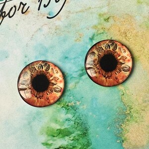 May include: Two brown glass eyes with a black pupil and a detailed iris pattern. The eyes are on a white background with a blue and green watercolour wash.