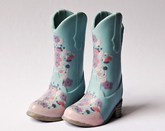 S15 Turquoise Cowboy boots for Blythe doll blue with flowers print boots Blythe doll shoes ob24 doll shoes ob22 doll shoes 1/6