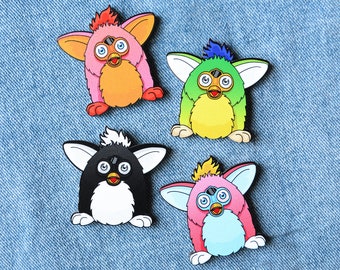 Furby Skunk, Kiwi, Gallo, Sherbet - Insignia de pasador de madera, pasador Furby, insignia Furby, pasador lindo