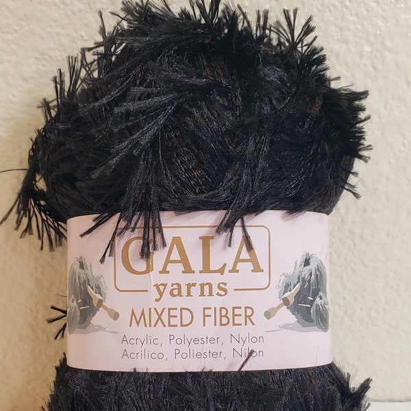 1 Skein (5 available) Gala Yarns Mixed Fiber, Black Fur Eyelash Yarn (strand is dark brown/fur is black), 1.76oz/50g, Machine Wash/Dry