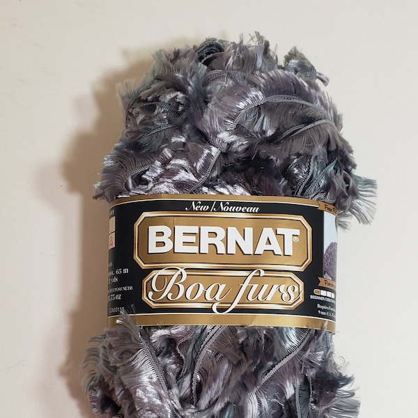 1 Skein (2 available) Bernat Boa Furs, Silver Fox, Grey and Blue hues, 1.75oz/50g, 71y/65m, 100% Polyester, Hand Wash/Lay Flat, Bulky 5