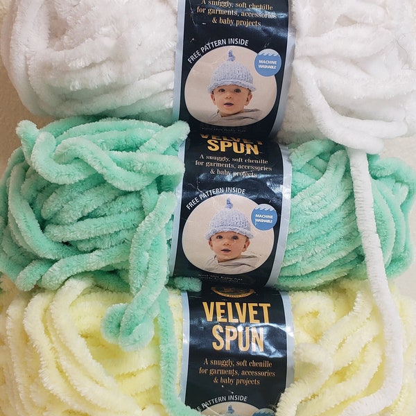 1 Skein (4 available in 2 colors) Lion Brand Velvet Spun (Pastel Yellow, Pastel Green), 3oz/85g, 54y/49m, 100% Polyester, MW/LF