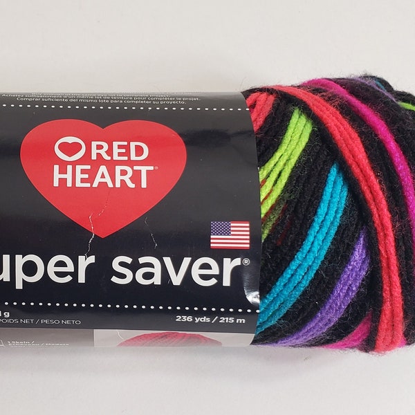 1 Skein Red Heart Super Saver Yarn, Neon Stripes, Dye Lot 090N, 5oz/141g, 236y/215m, Medium 4, 100% Acrylic, Machine Wash and Dry