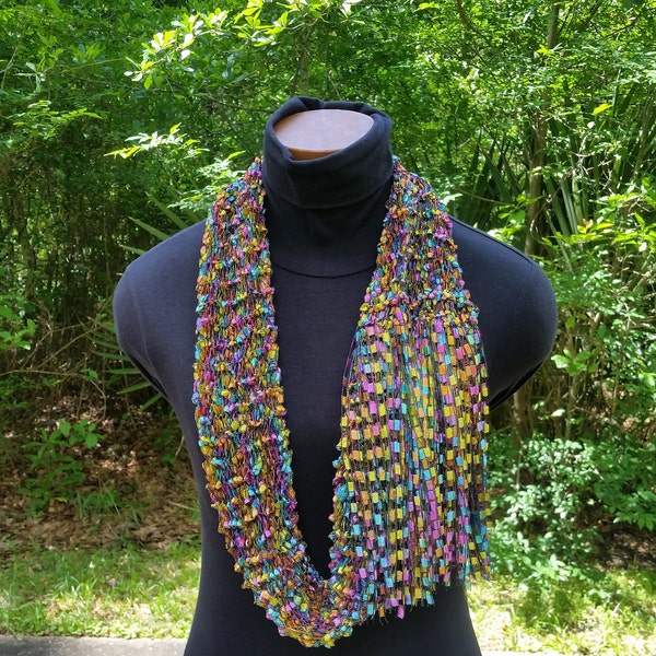 8 x 40 inches Knitted Spring or Summer Cowl in a Multicolored Ribbon Yarn; Shoulder Wrap; Unique Scarf, Unique Cowl