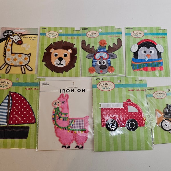 Iron-On Appliques by Creations of Grace, Design Loft, Next Style - Llama, Fire Engine, Sailboat, Fox, Penguin, Moose, Lion, Giraffe