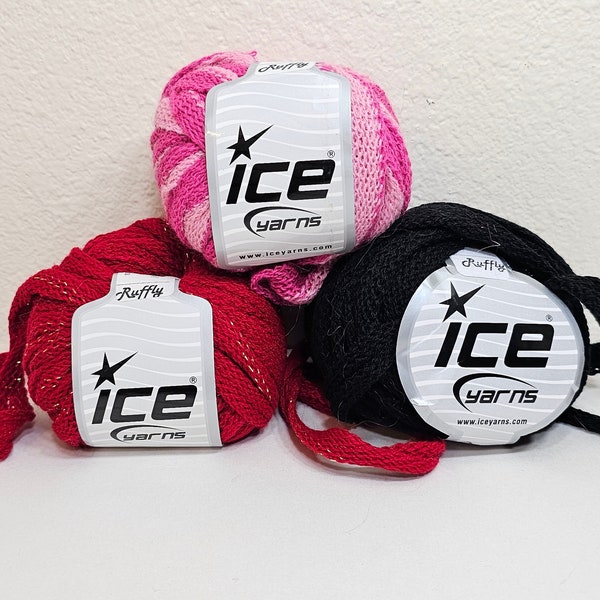 1 Skein Ice Yarns, Ruffly (3 Colors Available) Red w/Metallic Gold, Black, Pale and Dark Pink, 50g, 20m, 100% Acrylic, Machine Wash/Lay Flat