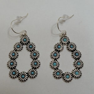 Teardrop Blue Flower Pierced Earrings, Nickel Free Silver Plated Wires