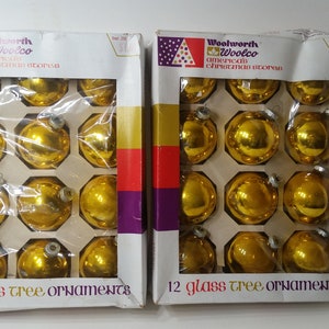 Box of 12 Vintage Glass Christmas Ornaments, 2 5/8in diameter, shiny gold, NO return/Exchange on this item