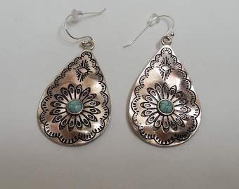 Western Turquoise Concho Dangle Pierced Earrings, Nickel Free Silver Plated Wires
