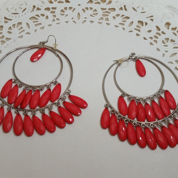 Vintage Boho Large Bright Coral Beaded Hoop Dangling Pierced Silvertone  Earrings (Lead free); No Return on this item