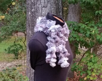 3.5 x 48 Inches Knitted Fringed Ruffle Scarf in Gray and Taupe Hues; Unique Scarf