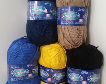 May include: Six balls of yarn in different colors: blue, yellow, black, brown, and two shades of blue. Each ball has a label that says "Sinfonia" and "100% Cotton Material".