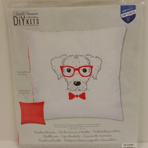 Vervaco DiY Embroidery Kit PN-0155963 for a 16 x16 in (40cm x 40cm) Pillow with a Dog Wearing Red Glasses, Instructions in 8 Languages