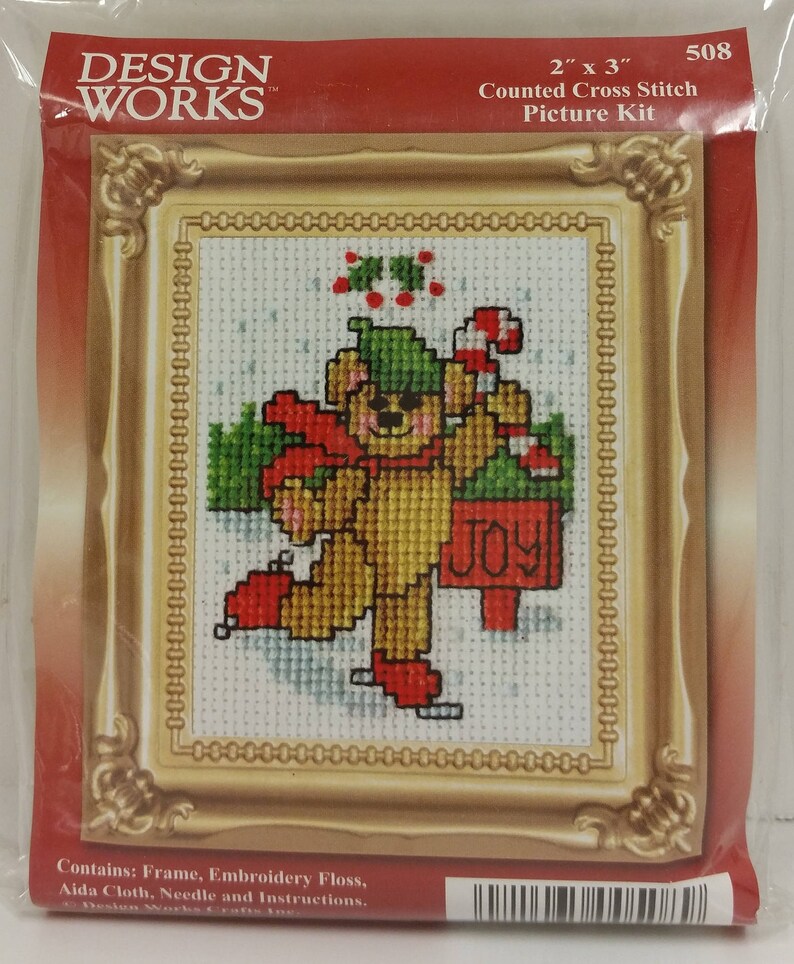 Design Works Counted Cross Stitch 2 Inches x 3 Inches Picture Kit 508 with Frame Featuring a Bear on Ice Skates