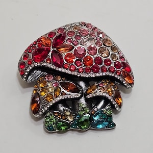 Rhinestone Mushroom Brooch/Pin, Silver/Blacktone Metal