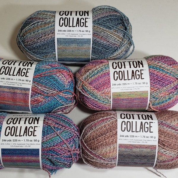 1 Skein (11 available) Premier Cotton Collage, 1.75oz/50g, 246y/225m, Super Fine 1, Machine Wash/Dry, 46/33/12/9% Cotton/Wool/Polyamide/PBT