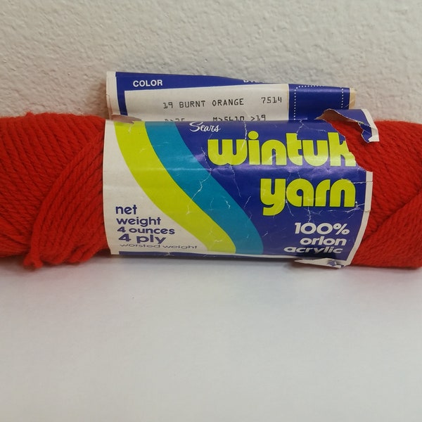 1 Partial 1.7oz Skein, Torn Label, Vintage Sears Wintuk Yarn, Burnt Orange #19, 4 Ply Worsted Weight, Orlon Acrylic, Medium 4, MW/D