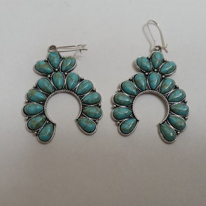 Western Style Turquoise Colored Dangling Pierced Earrings with Nickel Free Silver Plated Wires; No Return on this item