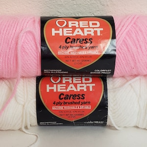 Red Heart Caress Yarn: Rosebud Pink, White, 4 Ply Brushed Yarn