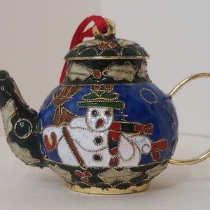 Cloisonne Teapot Christmas Ornament, Cobalt Blue with a White Snowman and Red, Green, Gold Accents, No Return/Exchange on This Item