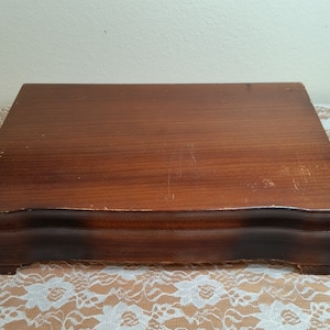 Vintage Wooden Footed Silverware Storage Chest w/ Burgundy Lining; No Return