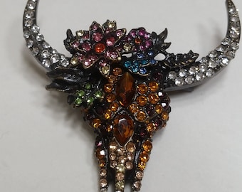 Bull Skull Brooch/Pin for Hats, Jackets, Scarves, Tote Bags, Hair Decor; Beautiful Sparkling Rhinestone Gems; Longhorn Pin; No Return