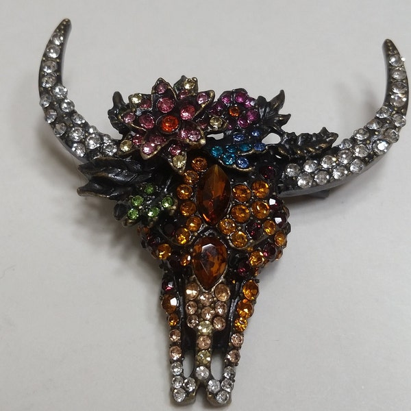 Bull Skull Brooch/Pin for Hats, Jackets, Scarves, Tote Bags, Hair Decor; Beautiful Sparkling Rhinestone Gems; Longhorn Pin; No Return