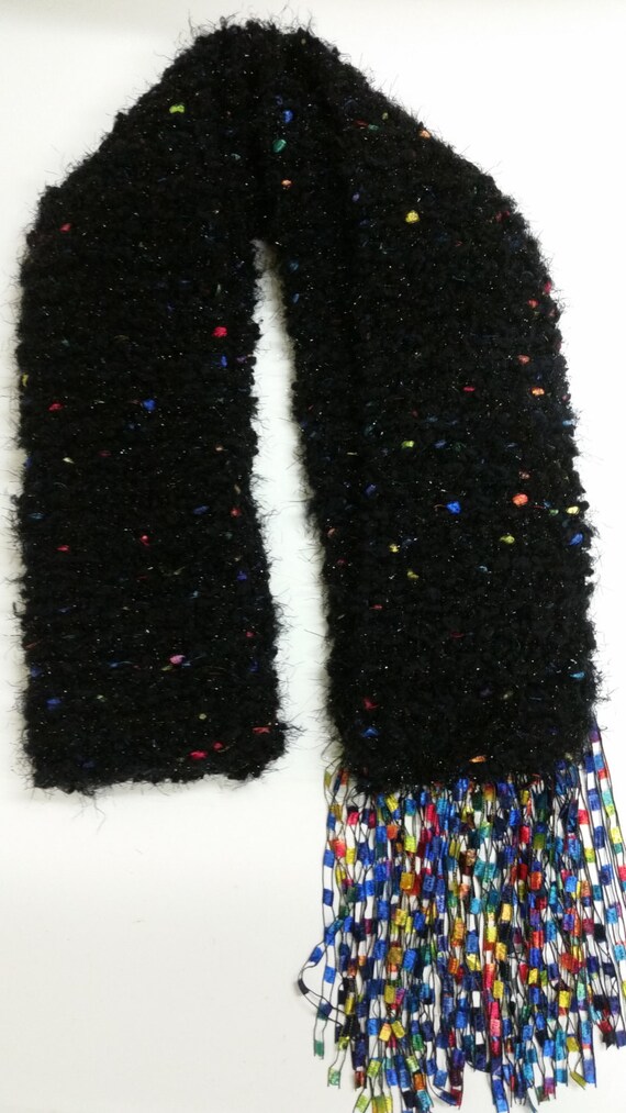 Knitted Black and Multi-colored Scarf With Fringe - Etsy